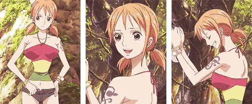 A Collage Of Three Images Of Nami From One Piece In A Bikini Sticker