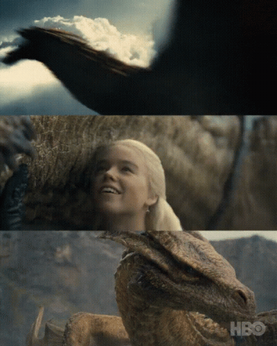 A Collage Of Three Pictures Of A Woman And A Dragon With Hbo Written On The Bottom Right GIF