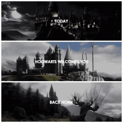 A Collage Of Three Pictures Of Hogwarts With The Words Today Hogwarts Welcomes You Back Home At The Bottom GIF