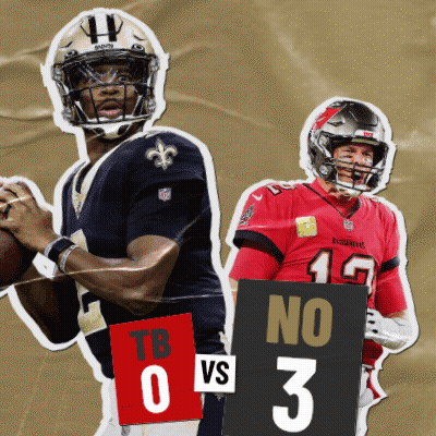 A Collage Of Two Football Players With One Holding A Sign That Says Tb 0 Vs No 3 GIF