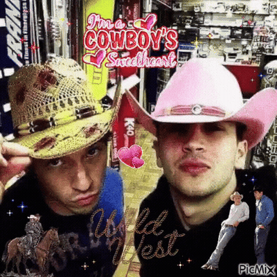 A Collage Of Two Men Wearing Cowboy Hats With The Words I 'M A Cowboy 'S Sweetheart On The Bottom GIF