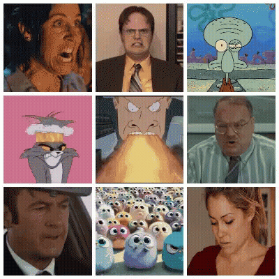 A Collage Of Various Cartoon Characters Including Dwight Schrute And Squidward GIF