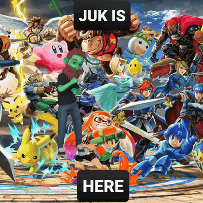 A Collage Of Video Game Characters With The Words " Juk Is Here " At The Top GIF
