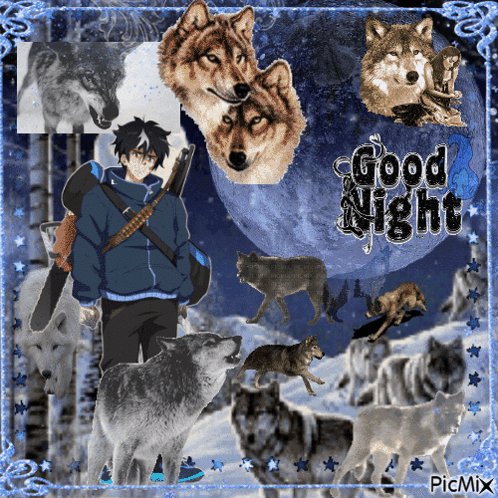A Collage Of Wolves And A Man With The Words Good Night On It GIF