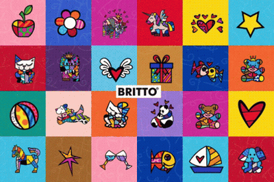A Collection Of Britto Drawings On A Blue Background GIF