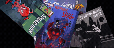 A Collection Of Spider-Man Comic Books Including Spider-Man Noir And Into The Spider-Verse GIF