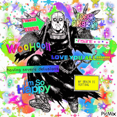 A Colorful Background With A Picture Of A Monster And The Words I 'M So Happy GIF