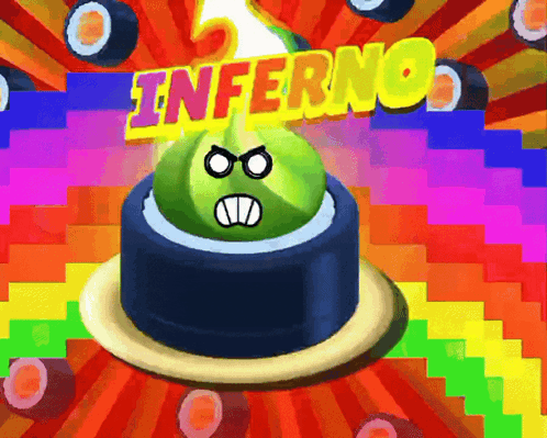 A Colorful Background With The Word Inferno And A Green Ball With An Angry Face GIF
