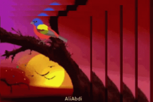 A Colorful Bird Is Perched On A Tree Branch With The Name Aliabdi On The Bottom Right GIF