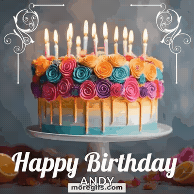 A Colorful Birthday Cake With Candles And Flowers On A Cake Stand . GIF