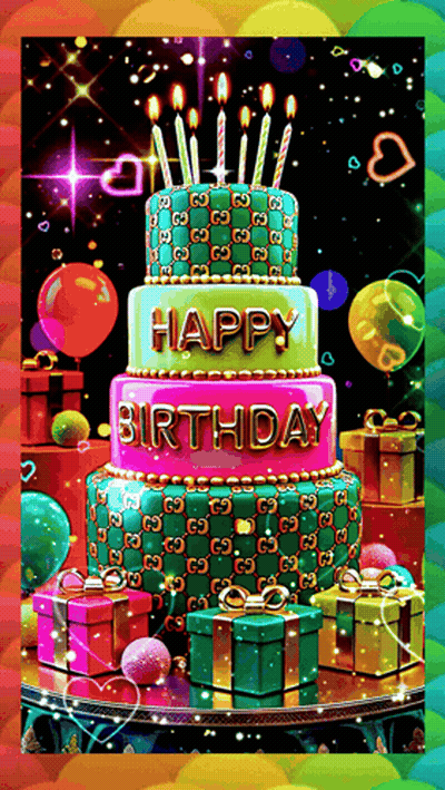 A Colorful Birthday Cake With Candles That Says Happy Birthday GIF