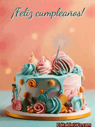 A Colorful Birthday Cake With The Words Feliz Cumpleanos Written On The Bottom GIF