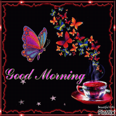 A Colorful Butterfly Is Flying Over A Cup Of Coffee GIF