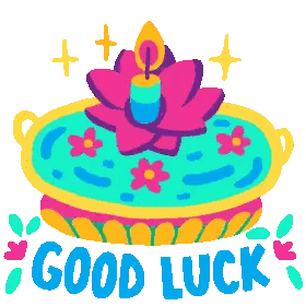 A Colorful Cake With Flowers And A Candle And The Words Good Luck Sticker