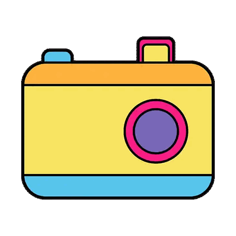 A Colorful Cartoon Illustration Of A Camera With A Purple Lens Sticker