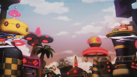 A Colorful Cartoon Landscape With A Sign That Says ' Ambulance ' On It GIF