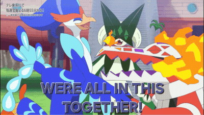 A Colorful Cartoon With The Words " We 'Re All In This Together " GIF