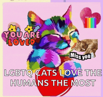 A Colorful Cat Is Holding A Red Heart With The Words " You Are Loved " On It GIF