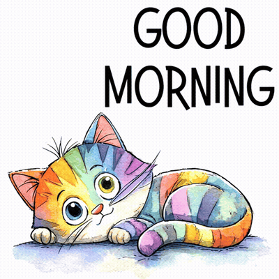 A Colorful Cat Is Laying Down With The Words " Good Morning " Behind It GIF