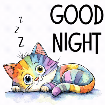 A Colorful Cat Is Sleeping With The Words Good Night Above It GIF