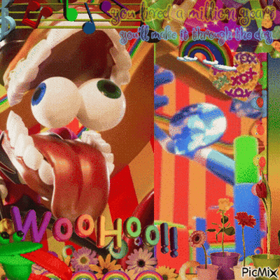 A Colorful Collage With The Words Woohoo On The Bottom Right GIF