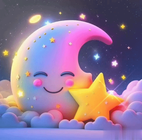 A Colorful Crescent Moon With A Smiling Face Is Hugging A Yellow Star In The Night Sky . GIF