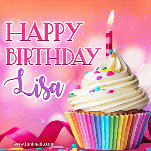 A Colorful Cupcake With A Lit Candle And The Words Happy Birthday Lisa Above It GIF
