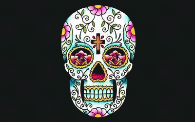 A Colorful Day Of The Dead Skull With Swirls And Flowers GIF