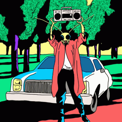 A Colorful Drawing Of A Bug Holding A Boombox Over His Head In Front Of A Car GIF
