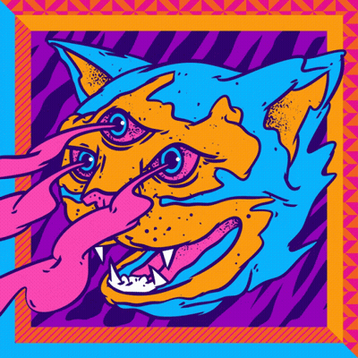A Colorful Drawing Of A Cat Sticking Out Its Tongue GIF