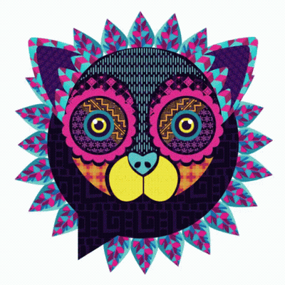 A Colorful Drawing Of A Cat With A Floral Pattern On It 'S Face GIF