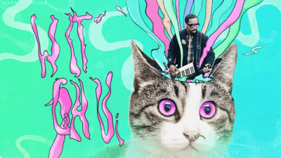 A Colorful Drawing Of A Cat With A Man Playing A Keyboard And The Words Wind Cat Written In Pink GIF