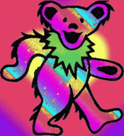 A Colorful Drawing Of A Dancing Bear With A Rainbow Background GIF