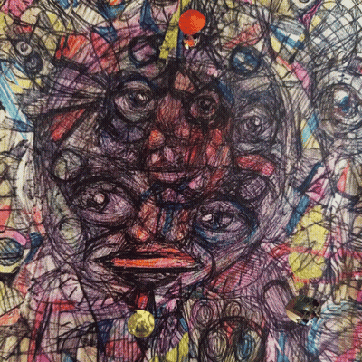 a colorful drawing of a face with many eyes and a yellow circle in the middle
