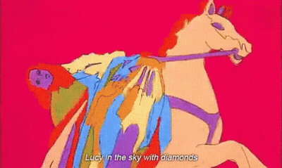 A Colorful Drawing Of A Horse With The Words Lucy In The Sky With Diamonds Below It GIF