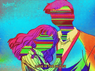 A Colorful Drawing Of A Man And Woman With The Words Love Is The Glitch GIF