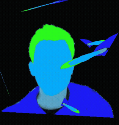 A Colorful Drawing Of A Man 'S Face With A Blue Shirt And Green Hair GIF