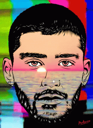 A Colorful Drawing Of A Man 'S Face With The Name Peekansso Written Below It GIF