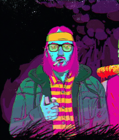 A Colorful Drawing Of A Man With A Beard And Glasses Smoking A Cigarette GIF
