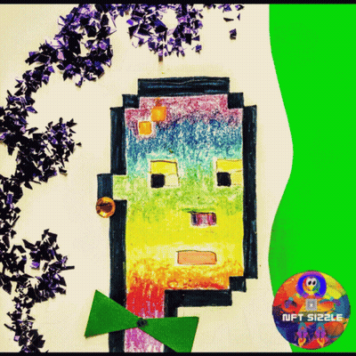 A Colorful Drawing Of A Man With A Green Bow Tie And The Words Nft Sizzle On The Bottom GIF