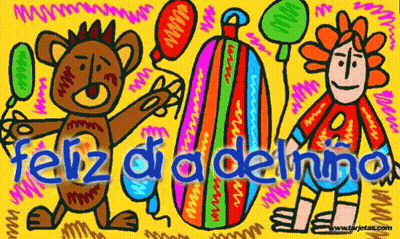 A Colorful Drawing Of A Monkey And A Flower With The Words Feliz Dia Del Nino GIF