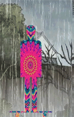 A Colorful Drawing Of A Person Standing In The Rain With A House In The Background GIF