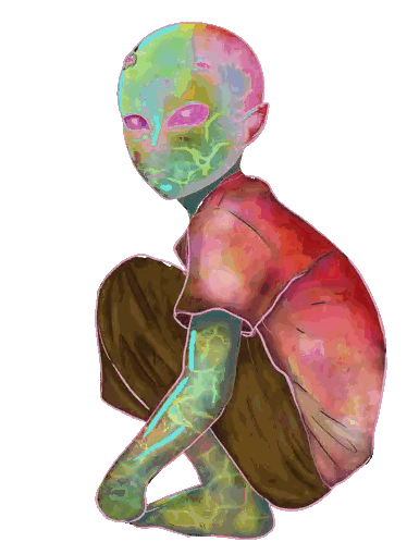A Colorful Drawing Of A Person With A Green Head Sticker