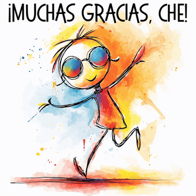 A Colorful Drawing Of A Person With Sunglasses And The Words " Muchas Gracias Che " GIF