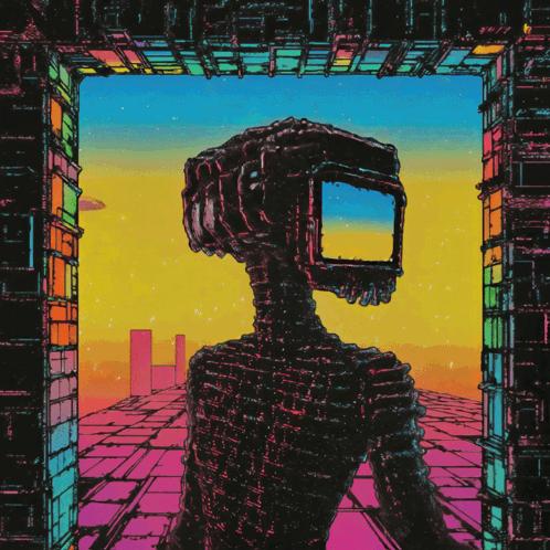 A Colorful Drawing Of A Skeleton With A Headset On GIF