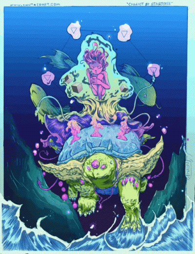 A Colorful Drawing Of A Turtle And A Girl With The Words " Chillout By @Startose " On The Bottom GIF