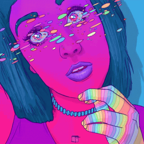 A Colorful Drawing Of A Woman 'S Face With A Rainbow Glove On Her Hand GIF