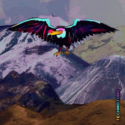 A Colorful Eagle Is Flying Over A Snowy Mountain With The Words Techno Turbo Visible GIF