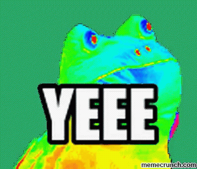 A Colorful Frog With The Word Yeee Written On It GIF