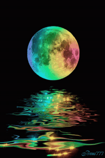 A Colorful Full Moon Is Reflected In The Water With The Name Beus777 At The Bottom GIF